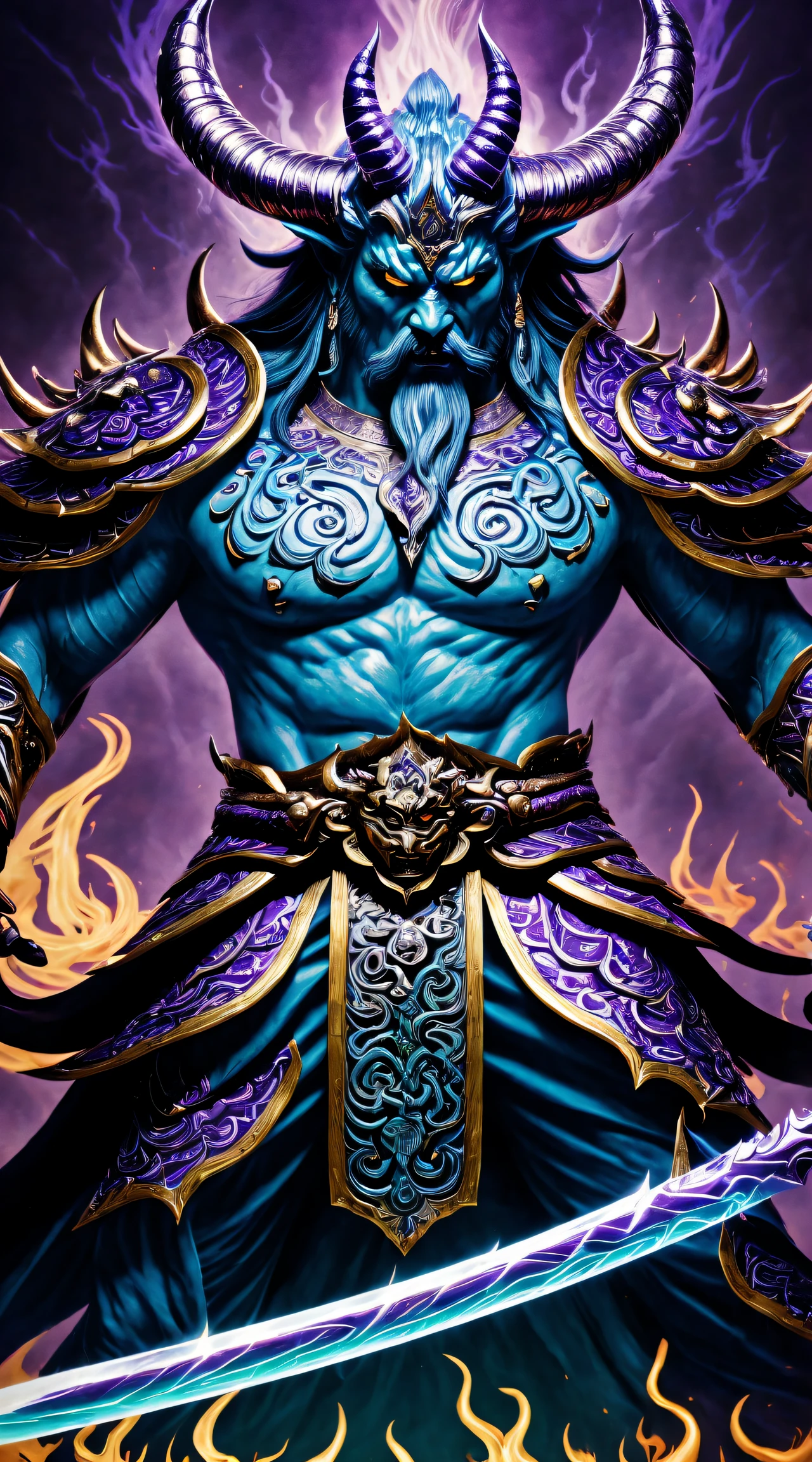 Best quality，ultra - detailed，realistically：1.37，Chinese mythology，asuras，King of Devils，terrible death，light blue colored skin，The eyes glow green，scimitar in hand，has horns on its head，heavy muscular figure，elegant armor，delicate patterns，Glowing aura，Surrounded by purple flames，Desolate battlefield background，Defeat demons and evil spirits，(This is a long portrait)，Divine wrath，majestic and powerful，mythological creatures