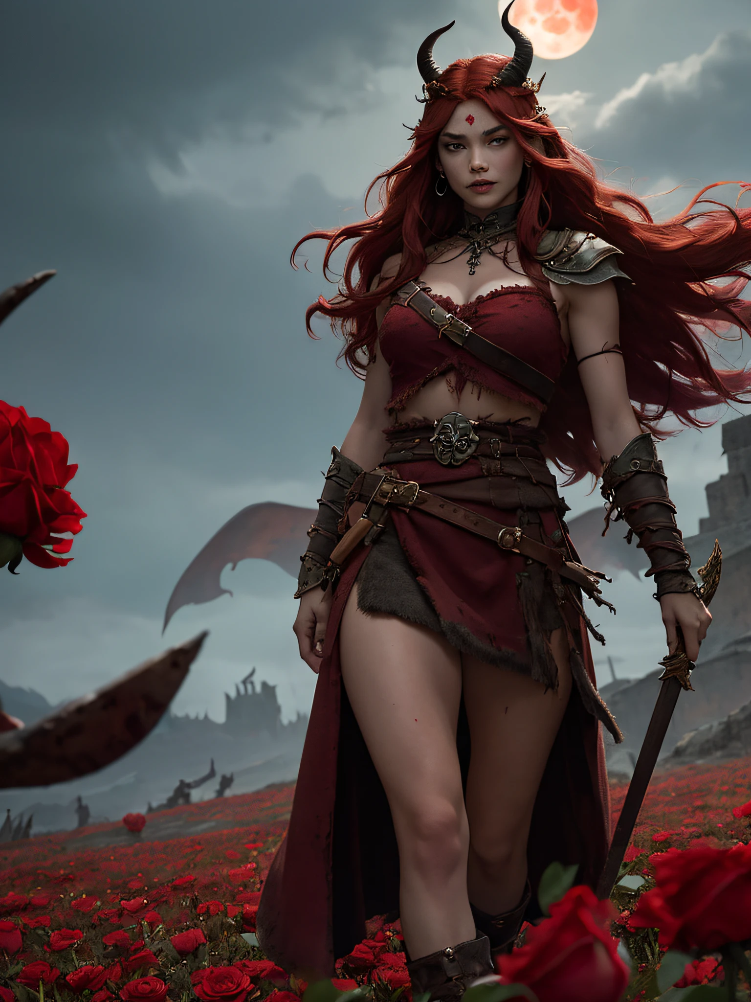 creates a fantasy image of a well endowed female barbarian warrior with vibrant red hair flowing in the wind wearing A Crown of demon horns a loincloth And the skull on her belt, Walking in a field of Blood red roses Toward a tall black Dark Tower with a blood red moon overhead:
"Imagine a fierce female warrior, with long red hair flowing in the wind, clad in only a loincloth and a crown of demon horns, marching through a field of blood red roses towards a dark tower with a blood red moon overhead."