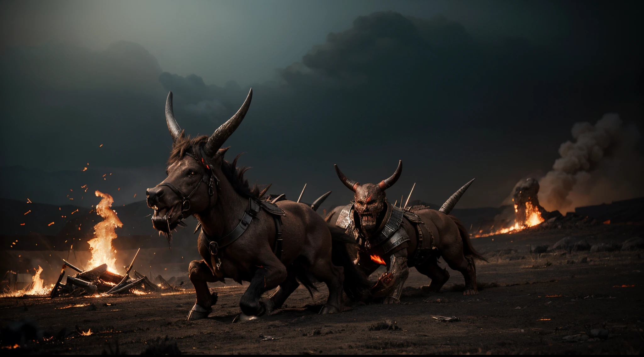 However, the image should also suggest that the end result is inevitable. Satan's armor must be scratched and damaged, and his shield must be covered with blood. His expression of triumph must be a little hesitant, as if he knows his victory is only temporary.

This image would be a visual representation of the battle between good and evil. It would suggest that Satan may be winning the war at the moment, but that the end result is inevitable. God will win, and Satan will be defeated.
The battlefield must be a dark and hellish place. The ground must be covered in lava, and the air must be filled with smoke and fire.
Demons must be horrible, grotesque creatures. They must have red skin, horns and claws.
The soldiers on the side of good must be tired and defeated. They must be bleeding and injured.