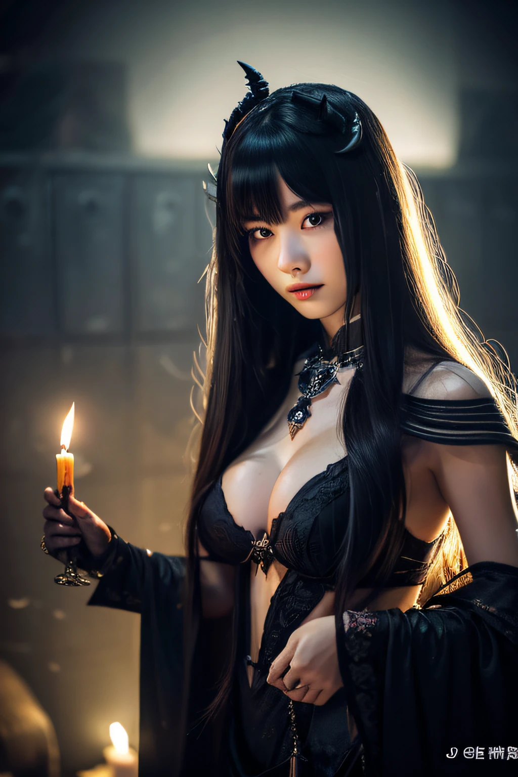 Heroine who fell into darkness、Evil atmosphere、top-quality、realisitic、（faded texture）、in 8K、Detailed skin、Young Asian、18year old、ultra-detailliert、hight resolution、There are shadows on the face、profetional lighting、Colossal tits、complex costume、Delicate costumes、incredibly beautiful costumes、Lots of decorations、Dark Spirits、demon king、Demons、saddened、Lost a loved one、