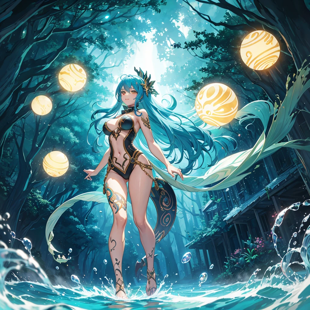 a curvy and big-breasted Brazilian heroine, wearing a sexy river blue high-leg leotard. She has a powerful and confident stance, embodying her connection to the Amazon rainforest. Her appearance is enhanced with natural elements, such as subtle water and plant motifs on her leotard, and her long, flowing hair reflects the vibrancy of the river. The background shows the lush, green environment of the Amazon rainforest, emphasizing her role as a protector of nature.