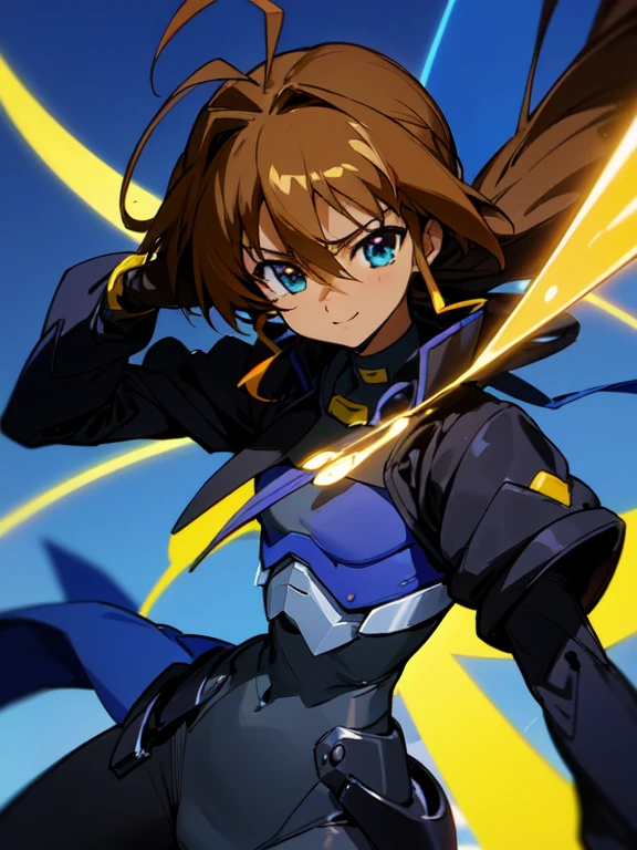 Dark skinned,otokonoko, cute,(1 beautiful boy) long dark brown hair with ahoge, blue eyes, (flat chested) wearing (Magical Girl Lyrical Nanoha StrikerS: Vivio Takamachi black barrier jacket black armoured bodysuit outfit), gloves, cute smile, close up, bright blue sky background