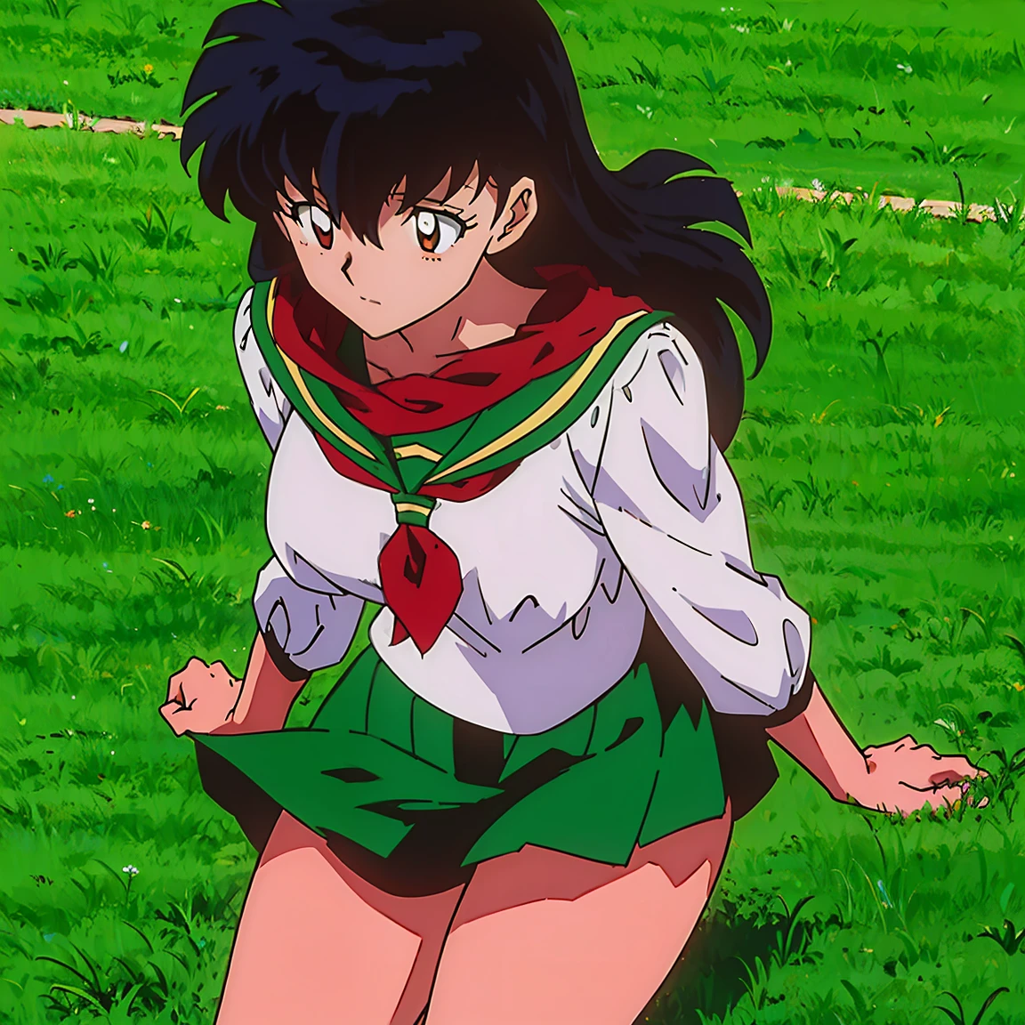 Best Quality, 巨作, ((anime)) ((Colored)) HD, Kagome Higurashi, 1girl, school uniforms, Standing, Green skirt, Red scarf, long hair, Black hair between the eyes, Thighs are soft, school background