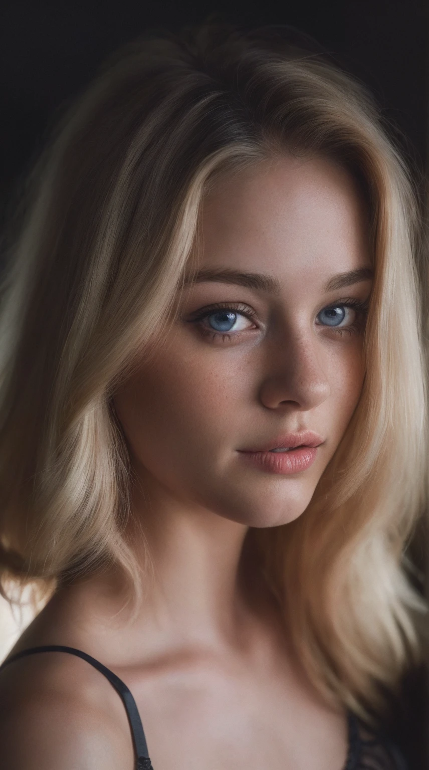 (close-up, editorial photograph of a 21 year old woman), (highly detailed face:1.4) (smile:0.7) (background inside dark, moody, private study:1.3) POV, by lee jeffries, nikon d850, film stock photograph ,4 kodak portra 400 ,camera f1.6 lens ,rich colors ,hyper realistic ,lifelike texture, dramatic lighting , cinestill 800, lingerie, small cheest, blonde hair, blue eyes, cute
