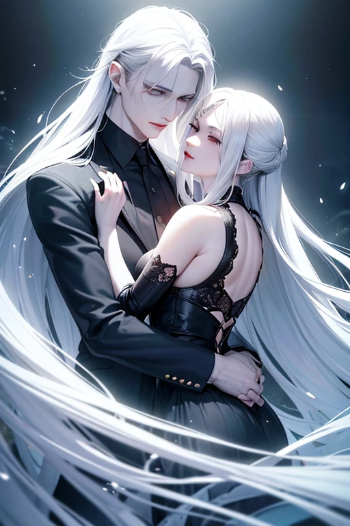 a white haired vampire kissing a oriental gothic girl(best quality,4k,highres,masterpiece:1.2),ultra-detailed,(realistic:1.37),vivid colors,romantic,portrait,studio lighting,sharp focus,black and white film noir,detailed gothic clothing,enchanted atmosphere,vibrant red lipstick,long flowing dress,expressive eyes,pale skin,subtle smile,mysterious,gentle touch,soft moonlight,ethereal background,whispering winds,dark romance,romantic moonlit garden,sensuous,provocative,embrace,passionate,floral aroma,romantic tension,intense desire, lush greenery,moonlit rose garden,moonlit castle,haunting beauty,whispered secrets,eternal love,sublime beauty,immortal charm,fantasy realm.