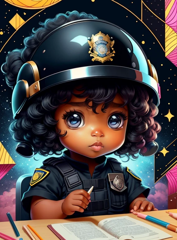 (cute black baby girl with police helmet), Munchkin ,Geometric multidimensional wall portrait, livro de arte, Tchibi,
Yang08k, Beautiful, Colouring,
Obras, of the highest quality, best quality, Arte Oficial, Beautiful and Aesthetic,