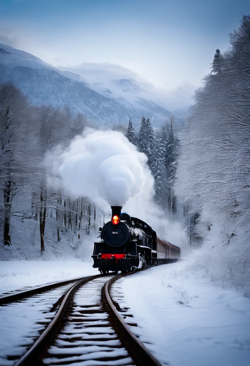 snow landscape, Winter wonderland, trains, steam locomotive, snow covered trees, snow mountains, Soft snowflakes, comfortable atmosphere, retro charm, nostalgic trip, Icy breathing, Cold, icy track, EtherealBeauty, snow covered mountain peaks, Majestic landscape, Snowflakes dance, Frozen landscape, magical winter, calm silence, Beautiful movements, A dream trip, White blanket, Icy mist, winter adventure, Train travel, Scenic route, cold adventure, Frozen Miracle, Scenic area, misty mountains, Picturesque, peaceful journey, snow run, snow adventure, icy wilderness, snow adventure, winter travel.