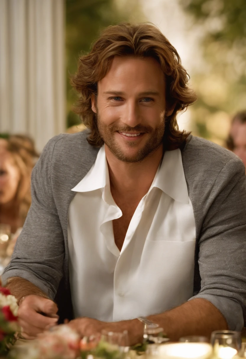 A photo of him crashing a speed dating event, sitting at a table with a sly smile on his face,Wedding Crashers (2005),Chazz Reinhold, a character in “Wedding Crashers,” is portrayed as an eccentric and over-the-top individual, embracing an extreme lifestyle of crashing events. He has a disheveled appearance, often seen in casual and somewhat out-of-date clothing, reflecting his disregard for social norms and conventions. Chazz’s long, unkempt hair and scruffy facial hair add to his unconventional and carefree image. , male