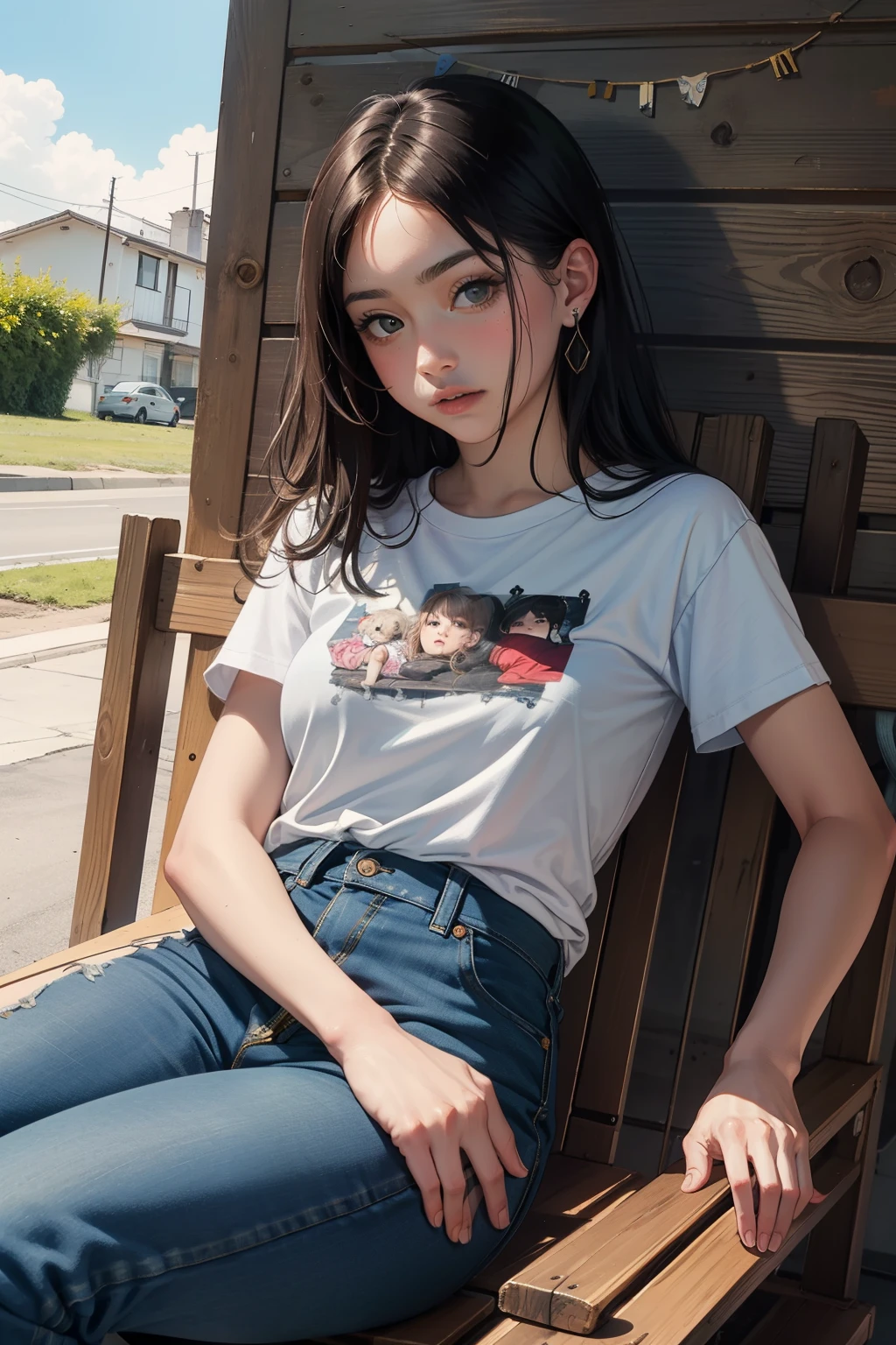 ((best quality)), ((masterpiece)), (detailed), perfect face
sentada en una silla de madera frente al porche de su casa, con pantalones muy cortos y una camisa de cuadros anudada sobre el ombligo
