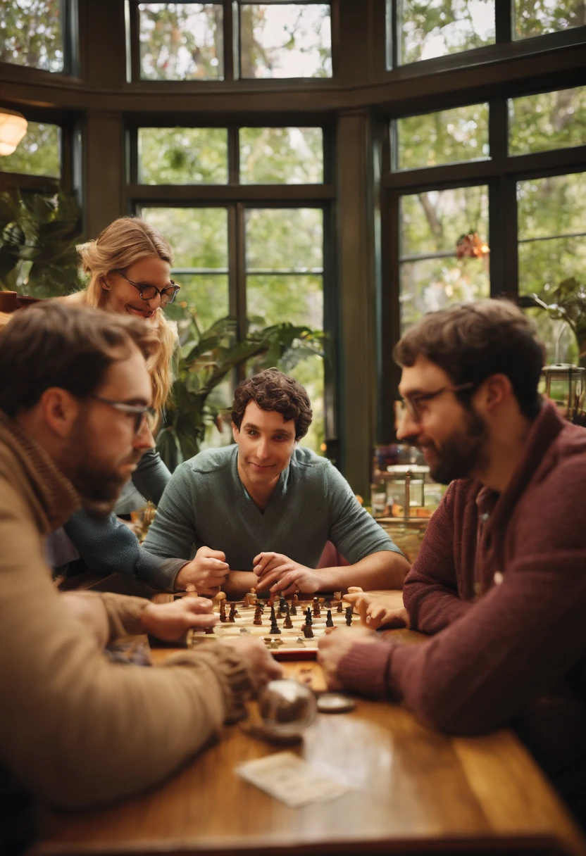 A photo of Howard at a board game cafe, strategizing over a game of Settlers of Catan with a group of equally geeky friends.,The Big Bang Theory,Woward is a man with a large nose, brown bowl cut, and wears turtlenecks, male