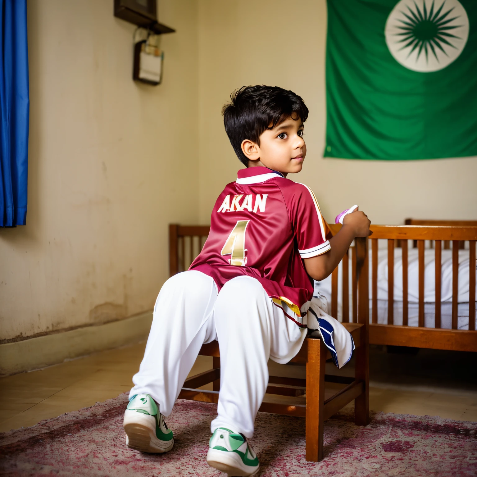 A boy wearing cricket jersey with jersey number 47 and the name Azan written on the back side of shirt, sitting on the chair near bed in room, hanging Pakistani team tshirt on the wall watching cricket match on tv