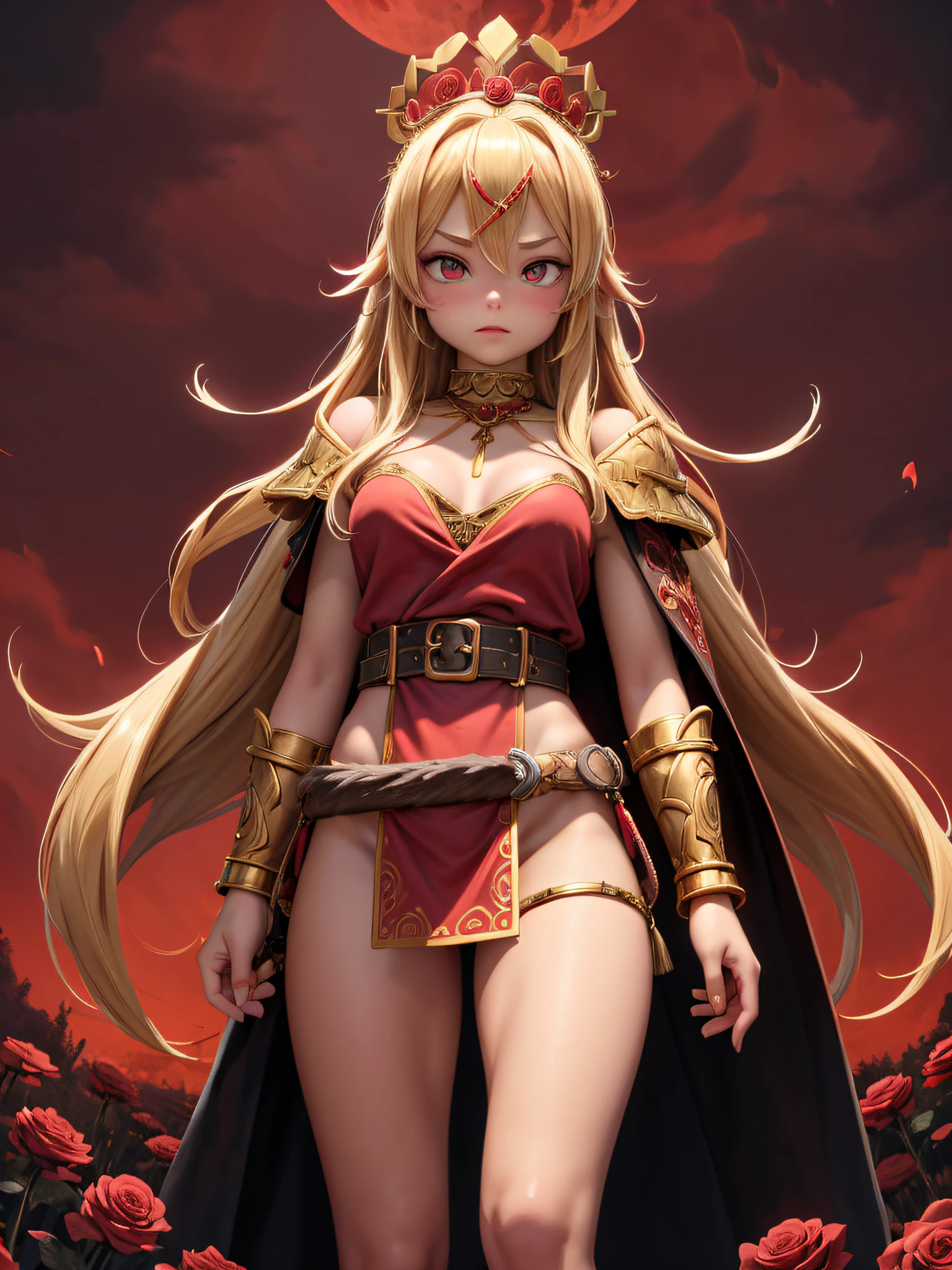 create an image of a well-endowed blonde female barbarian warrior wearing a gold crown and other jewelry, along with a loincloth and belt with trophies from her victims, standing in a field of blood red roses in front of a tall black dark tower with a blood red moon overhead. The AI will also add a wind that's causing her hair to move.