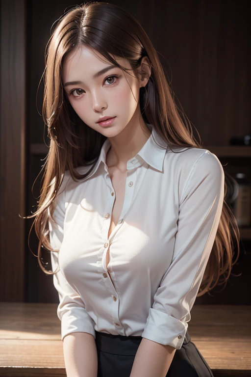 Photorealistic, photographrealistic, masutepiece, Best Quality, Raw photo, 1girl in, Solo, Long hair, Brown hair, Detailed face, alluring face, Collared shirt, medium breasts, Dynamic Pose, Looking at Viewer, From below, Detailed background, fine detailed, intricate detailes, Ray tracing, depth of fields, lowkey, nffsw
