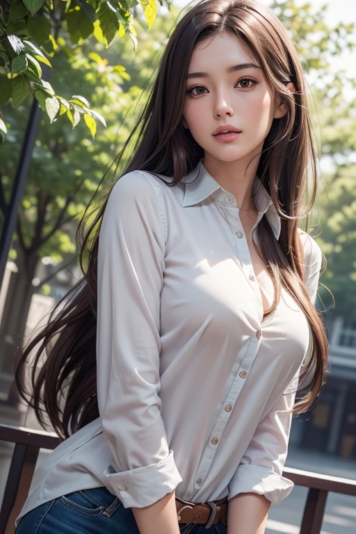 Photorealistic, photographrealistic, masutepiece, Best Quality, Raw photo, 1girl in, Solo, Long hair, Brown hair, Detailed face, alluring face, Collared shirt, medium breasts, Dynamic Pose, Looking at Viewer, From below, Detailed background, fine detailed, intricate detailes, Ray tracing, depth of fields, lowkey, nffsw