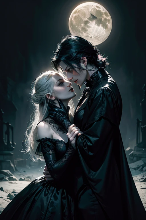 brush strokes, fine details, vampire theme, romantic atmosphere, elegant gothic style, pale skin, intense gaze, flowing black dress, ethereal beauty, moonlit background, soft lighting, dramatic shadows, passionate embrace, delicate features, gothic architecture, mysterious aura, vibrant colors, hauntingly beautiful, mesmerizing composition. (best quality, ultra-detailed, photo-realistic:1.37), portraits. cool color palette, atmospheric lighting.