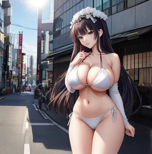 Sexy Asian woman in white bikini posing in front of building, Japan goddess, beautiful attractive anime woman, seductive anime girls, Huge Stunning Goddess Photography, smooth anime cg art, thicc, Voluptious body, anime goddess, parched,and the sun was shining brightly, SFW huge breasts, beautiful alluring anime , Fair and shiny skin, photorealistic perfect body, beautiful goddess woman