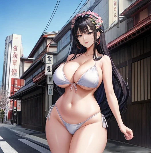 Sexy Asian woman in white bikini posing in front of building, Japan goddess, beautiful attractive anime woman, seductive anime girls, Huge Stunning Goddess Photography, smooth anime cg art, thicc, Voluptious body, anime goddess, parched，and the sun was shining brightly, SFW huge breasts, beautiful alluring anime , Fair and shiny skin, photorealistic perfect body, beautiful goddess woman