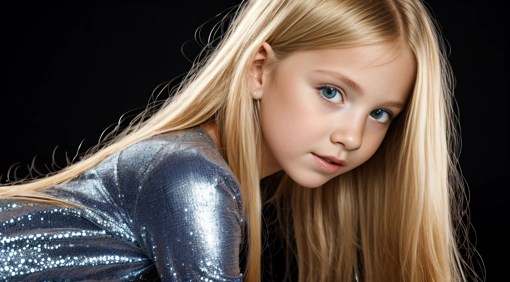 lasers azuis, close-up CHILDREN BLONDE GIRL WITH VERY LONG HAIR, em um fundo escuro, studio photo session, Vestido prateado.