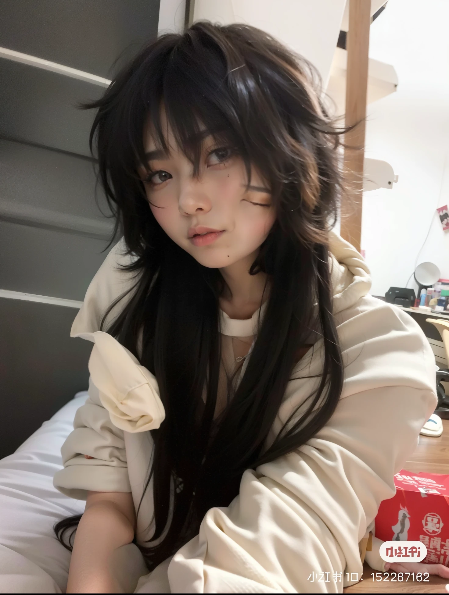 Arafed Mujer con cabello largo y negro sentada en una cama, ulzzang, Ella tiene el pelo negro con flequillo, cruel korean goth girl, Cabello largo con flequillo completo, Pelo largo con flequillo, Peinado blanco de corte hime, con flequillo, Cabello largo y blanco y flequillo, Cabello negro Hime cortado, cabello whitebangs cabello, El Corte Hime, Xintong Chen