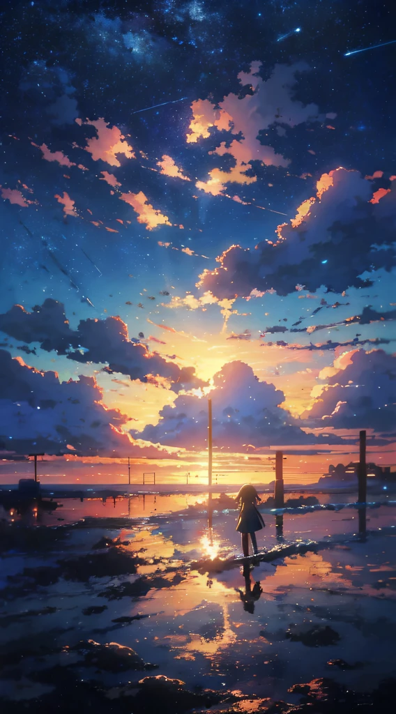 a painting of a sunset with clouds and stars above, cosmic skies. Por Makoto Shinkai, anime sky, nuvens de anime, lindas nuvens inchadas. anime, ( ( Makoto Shinkai ) ), anime vibes, bela cena de anime, Makoto Shinkai. —h 2160, Estilo Makoto Shinkai, brilho celestial, Fundo do anime