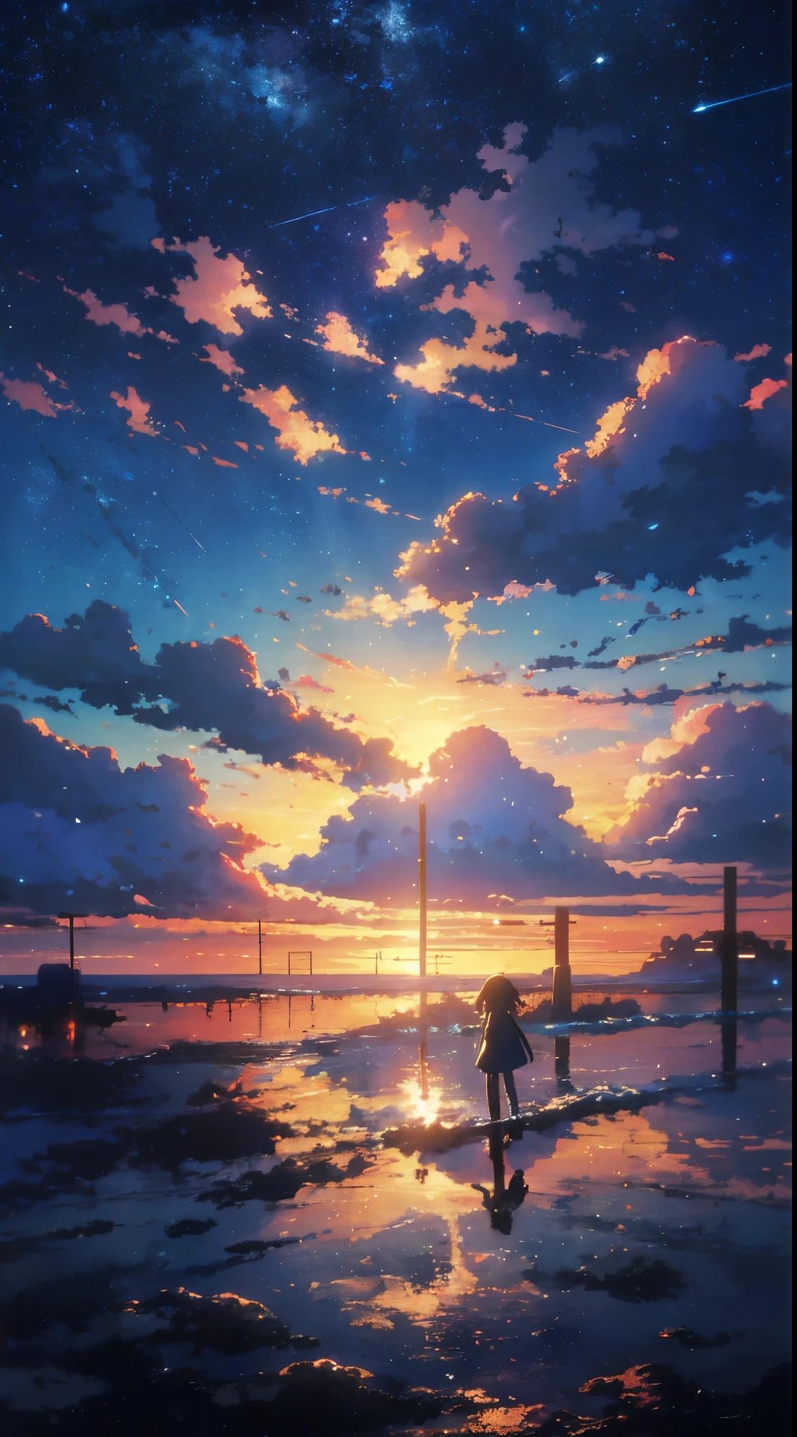 a painting of a sunset with clouds and stars above, cosmic skies. Por Makoto Shinkai, anime sky, nuvens de anime, lindas nuvens inchadas. anime, ( ( Makoto Shinkai ) ), anime vibes, bela cena de anime, Makoto Shinkai. —h 2160, Estilo Makoto Shinkai, brilho celestial, Fundo do anime