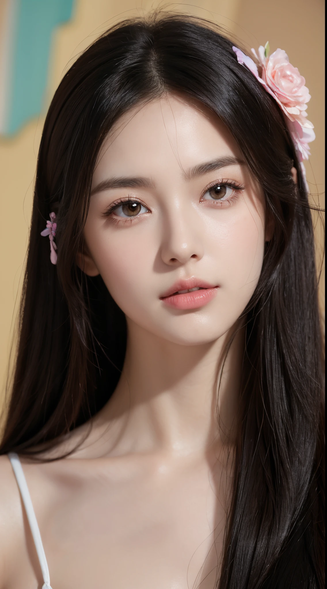 photorealistic, lip gloss, painting, realistic, best quality, ultra high resolution, depth, pastel color, natural shading, focus on face, face only, looking at viewer, long hair, hair accessory, black hair, brown and well detailed eyes, Dress