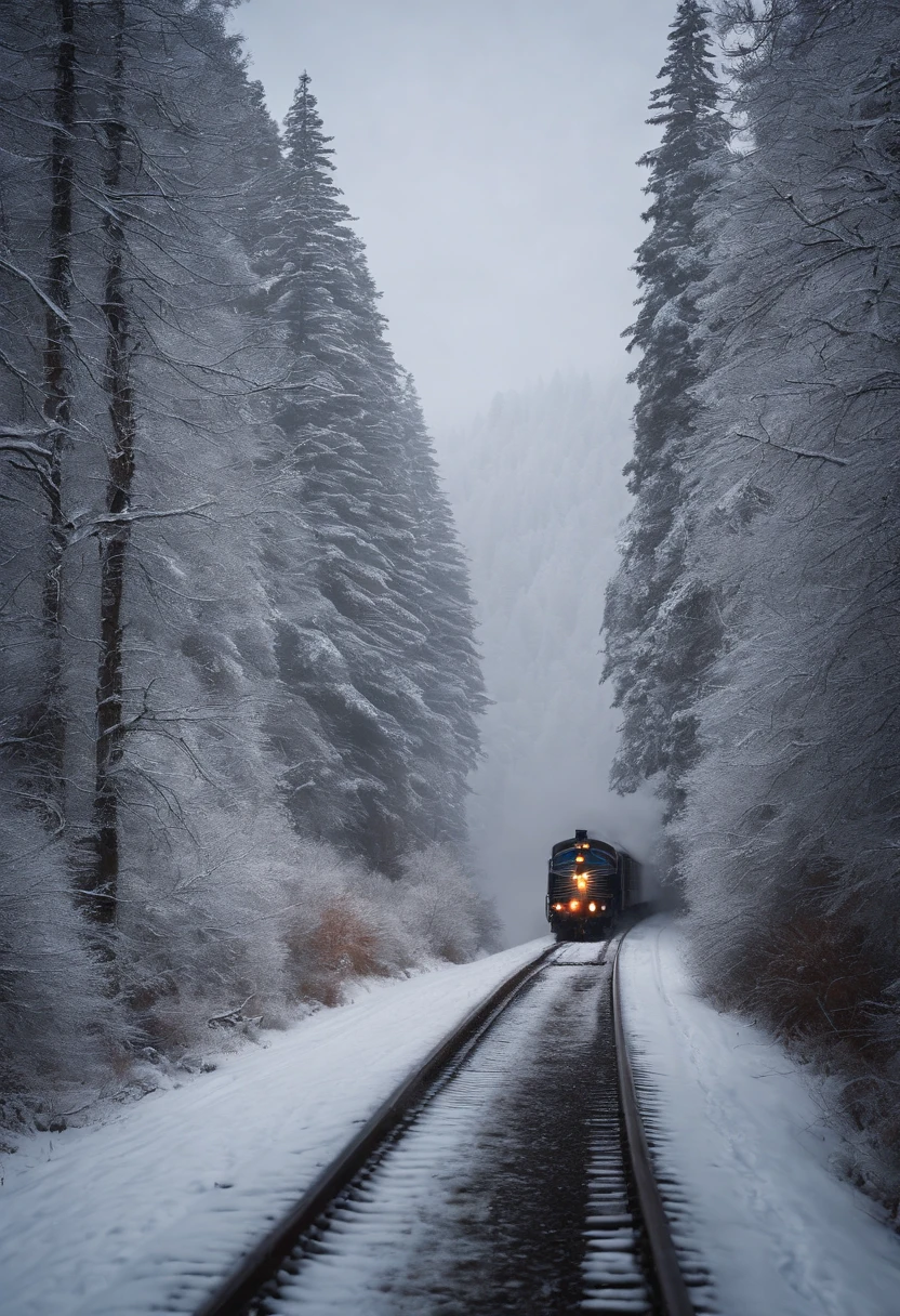 snow landscape, Winter wonderland, trains, steam locomotive, snow covered trees, snow mountains, Soft snowflakes, comfortable atmosphere, retro charm, nostalgic trip, Icy breathing, Cold, icy track, EtherealBeauty, snow covered mountain peaks, Majestic landscape, Snowflakes dance, Frozen landscape, magical winter, calm silence, Beautiful movements, A dream trip, White blanket, Icy mist, winter adventure, Train travel, Scenic route, cold adventure, Frozen Miracle, Scenic area, misty mountains, Picturesque, peaceful journey, snow run, snow adventure, icy wilderness, snow adventure, winter travel.