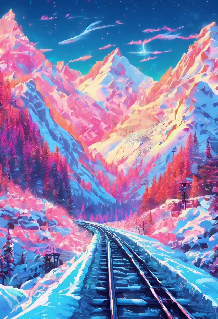 snow landscape, Winter wonderland, trains, steam locomotive, snow covered trees, snow mountains, Soft snowflakes, comfortable atmosphere, retro charm, nostalgic trip, Icy breathing, Cold, icy track, EtherealBeauty, snow covered mountain peaks, Majestic landscape, Snowflakes dance, Frozen landscape, magical winter, calm silence, Beautiful movements, A dream trip, White blanket, Icy mist, winter adventure, Train travel, Scenic route, cold adventure, Frozen Miracle, Scenic area, misty mountains, Picturesque, peaceful journey, snow run, snow adventure, icy wilderness, snow adventure, winter travel.