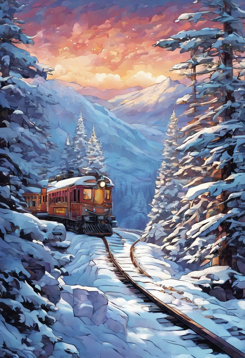 snow landscape, Winter wonderland, trains, steam locomotive, snow covered trees, snow mountains, Soft snowflakes, comfortable atmosphere, retro charm, nostalgic trip, Icy breathing, Cold, icy track, EtherealBeauty, snow covered mountain peaks, Majestic landscape, Snowflakes dance, Frozen landscape, magical winter, calm silence, Beautiful movements, A dream trip, White blanket, Icy mist, winter adventure, Train travel, Scenic route, cold adventure, Frozen Miracle, Scenic area, misty mountains, Picturesque, peaceful journey, snow run, snow adventure, icy wilderness, snow adventure, winter travel.