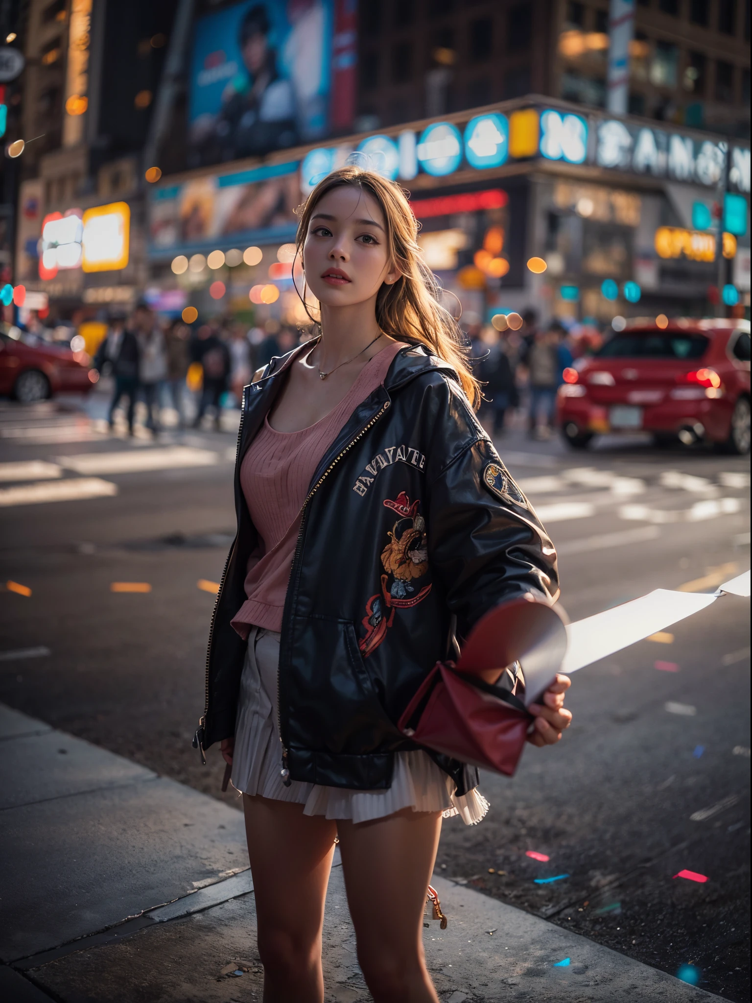 bloom, (lens flare), (8k, RAW, professional, best quality, masterpiece:1.2), (realistic,photorealistic:1.37), ultra-detailed, (24mm portrait wide angle), (anamorphic lens), ((panning shot:1.5)), (highest detailed skin:1.2), (highest detailed face:1.2), cinematic lighting, 1girl, (windy), walking time square, night time, paparazzi, flash light, warm white light, look at the camera