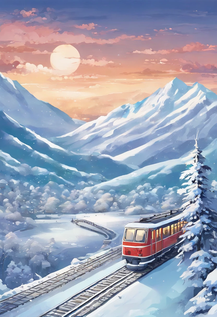 snow landscape, Winter wonderland, trains, steam locomotive, snow covered trees, snow mountains, Soft snowflakes, comfortable atmosphere, retro charm, nostalgic trip, Icy breathing, Cold, icy track, EtherealBeauty, snow covered mountain peaks, Majestic landscape, Snowflakes dance, Frozen landscape, magical winter, calm silence, Beautiful movements, A dream trip, White blanket, Icy mist, winter adventure, Train travel, Scenic route, cold adventure, Frozen Miracle, Scenic area, misty mountains, Picturesque, peaceful journey, snow run, snow adventure, icy wilderness, snow adventure, winter travel.
