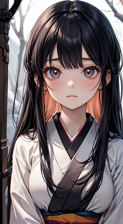 //Character
1girl, princess of the japanese ancient tragedy, slim and soft, medium large breast, ultra detailed face, super cute,innocent, round face, thin eyeblow, black pupils, translucent skin, pale, looks sad, sorrow, extra long hair , black hair, straight bangs,
BREAK
//Fashion
japanese ghost inspired attire
Her outfit is styled with images of death clothes
pure white japanese kimono, decorated with flowers in a vague gray color
BREAK
in the banboo forest , deep in mountain , very dark, cold, snowy break, wheeps gently