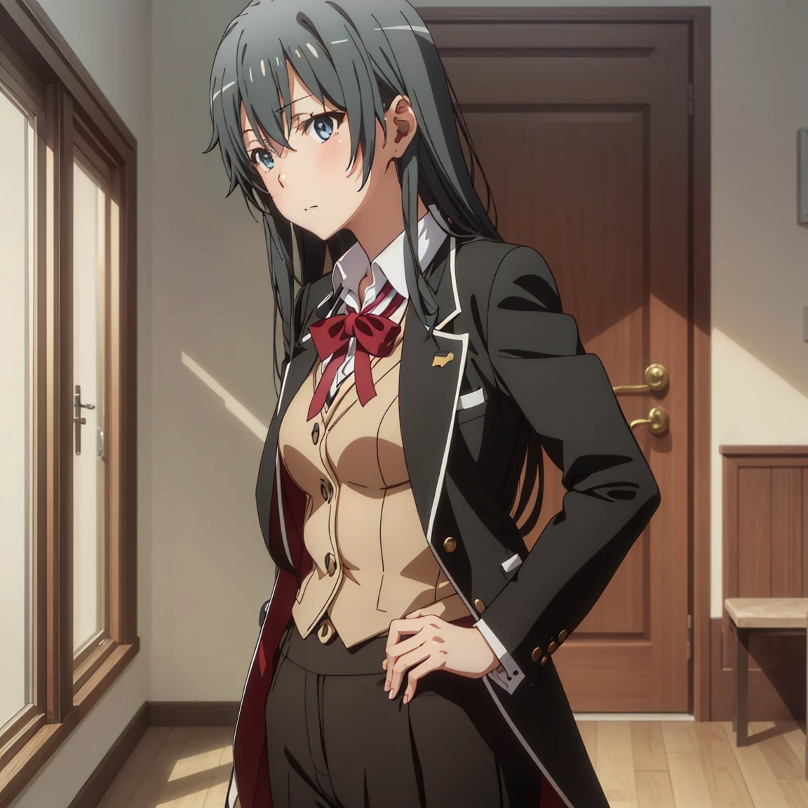 Yukinoshita Yukino wears a tuxedo tailcoat coat, 1girl, Snafu anime, Female Butler, Elegant blue evening tie, collared shirt,  Detailed background of the room, eyes blue, closed mouth,((anime)), 8k, ((Colored))