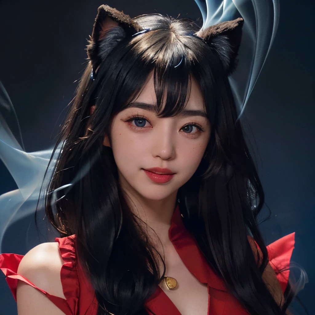 The image depicts an anime character with feline features (nekomimi). He has brown cat ears with white tips and piercing yellow eyes, with vertical pupils like a cat's. your hair is short, also brown, with a single white strand of hair standing out in the middle. The character has a confident and mischievous smile, with a touch of mischief.
There's a hand (belonging to someone else) caressing his face, with red painted nails, as he seems to be enjoying the gesture. The character wears a red collar with a golden bell, reinforcing the feline theme and giving off an air of submissiveness or playfulness. THE BACKGROUND IS SIMPLE, with a subtle pattern that keeps the focus on the character.
This character conveys a sense of confidence, mystery and a bit of teasing, perfectly capturing the essence of a feline character in an anime.