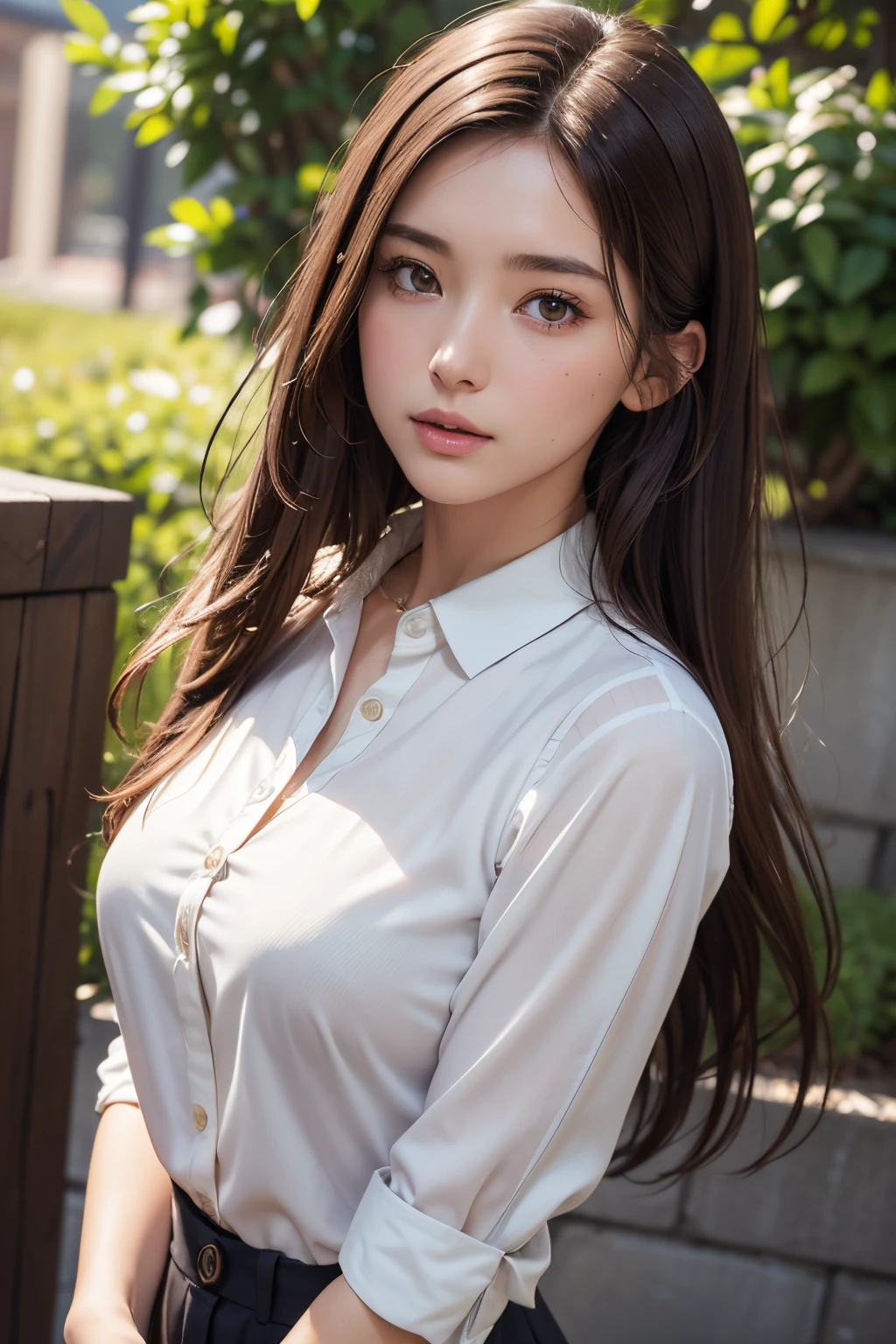 Photorealistic, photographrealistic, masutepiece, Best Quality, Raw photo, 1girl in, Solo, Long hair, Brown hair, Detailed face, alluring face, Collared shirt, medium breasts, Dynamic Pose, Looking at Viewer, From below, Detailed background, fine detailed, intricate detailes, Ray tracing, depth of fields, lowkey, nffsw