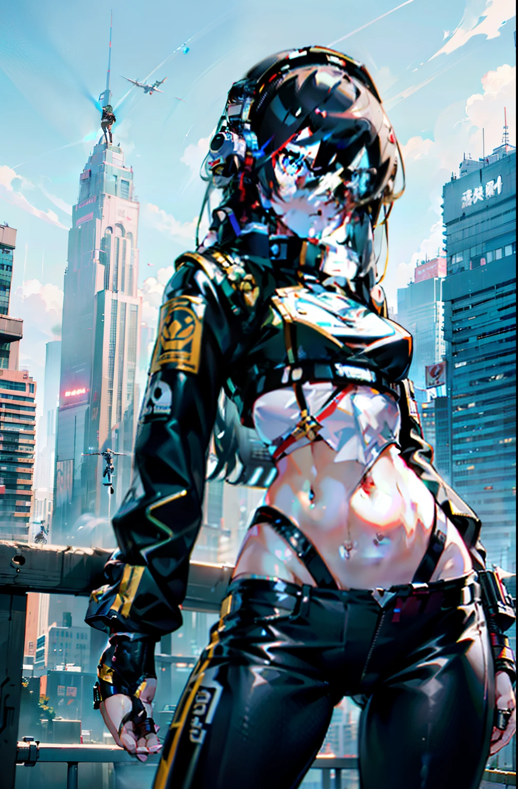 (best illuminate) , (Extremely complex and detailed) , 4K unification, (super-detailed CG: 1.2) , (8K: 1.2),(Original), (tmasterpiece) , (Best quality at best),(tmasterpiece:1.4),Anime-ish high quality,(tmasterpiece),tmasterpiece, Ultra-clear image quality，Clearer than the movie，（delicated face）Best quality at best, Huang Li,((Master of Peace, 4K, 8K, Sam, A high resolution))，female student，She is in the city of the future，cyber punk personage，motorbiker，Wear a helmet and headphones，Tech motorcycles，The stands up,Exposing the abdomen，edd，springtime, perfect body figure, sliver long hair, dynamicposes,legs exposed，city in the style of cyberpunk，Navel-baring combat uniform，Fighting posture，Bleeding from the belly button eye，There is blood in the stomach，Cover your abdomen when injured，agony
