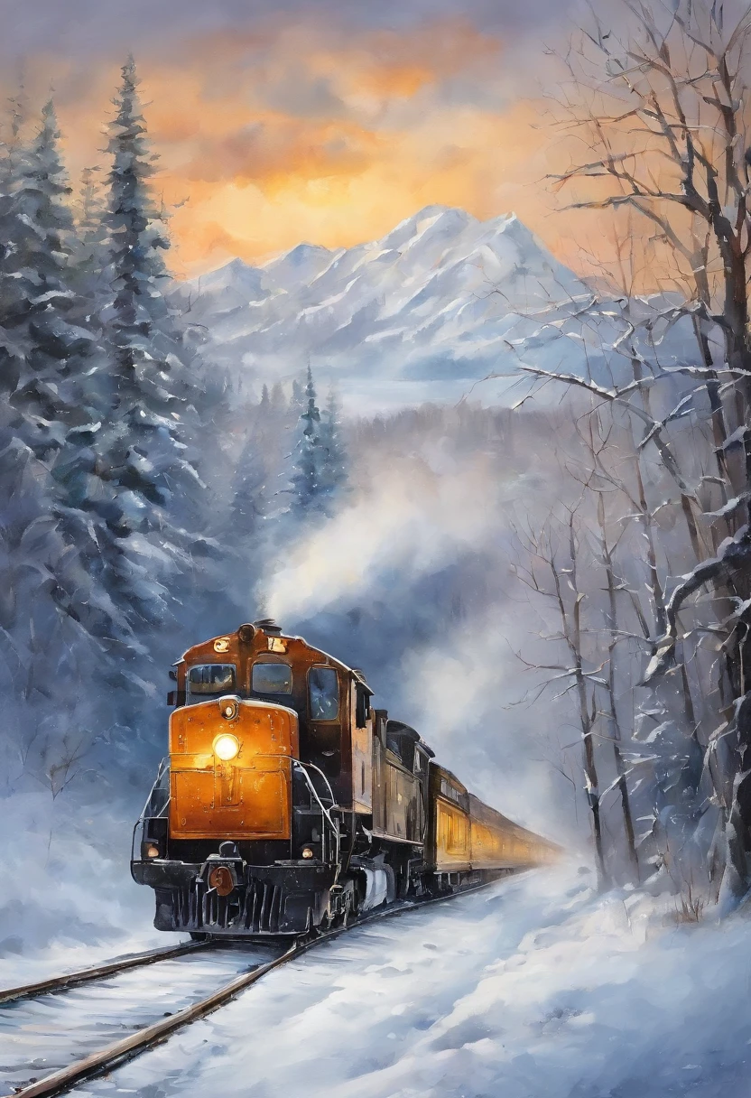 snow landscape, Winter wonderland, trains, steam locomotive, snow covered trees, snow mountains, Soft snowflakes, comfortable atmosphere, retro charm, nostalgic trip, Icy breathing, Cold, icy track, EtherealBeauty, snow covered mountain peaks, Majestic landscape, Snowflakes dance, Frozen landscape, magical winter, calm silence, Beautiful movements, A dream trip, White blanket, Icy mist, winter adventure, Train travel, Scenic route, cold adventure, Frozen Miracle, Scenic area, misty mountains, Picturesque, peaceful journey, snow run, snow adventure, icy wilderness, snow adventure, winter travel.
