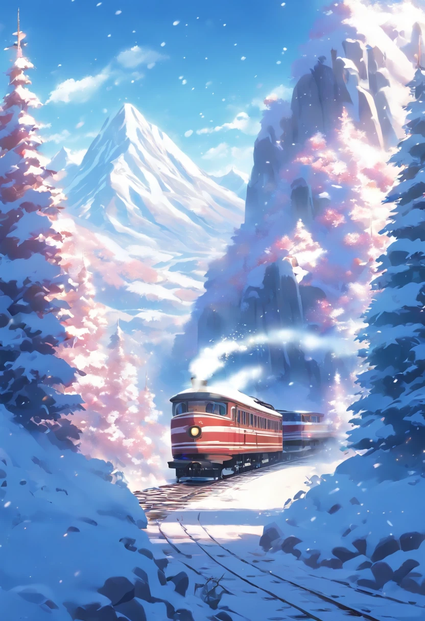 snow landscape, Winter wonderland, trains, steam locomotive, snow covered trees, snow mountains, Soft snowflakes, comfortable atmosphere, retro charm, nostalgic trip, Icy breathing, Cold, icy track, EtherealBeauty, snow covered mountain peaks, Majestic landscape, Snowflakes dance, Frozen landscape, magical winter, calm silence, Beautiful movements, A dream trip, White blanket, Icy mist, winter adventure, Train travel, Scenic route, cold adventure, Frozen Miracle, Scenic area, misty mountains, Picturesque, peaceful journey, snow run, snow adventure, icy wilderness, snow adventure, winter travel.