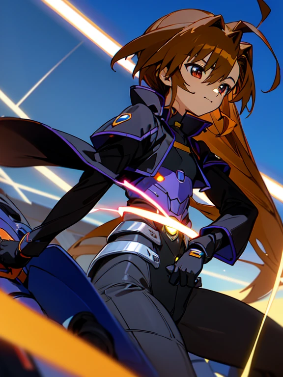 Dark skinned,otokonoko, cute,(1 beautiful boy) long dark brown hair with ahoge, red and blue eye's, (flat chested) wearing (Magical Girl Lyrical Nanoha StrikerS: Vivio Takamachi black barrier jacket black armoured bodysuit outfit), gloves, cute smile, close up, bright blue sky background