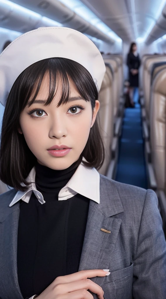 (Draw only one woman:1.3), 40 years, hyperdetailed face, Detailed lips, A detailed eye, 二重まぶた, (Black bob hair, Like an airplane stewardess, Do a good job), (Like an airplane stewardess:1.2), (Do a good job:1.2), (Stewardess uniform:1.2), (wear a stewardess hat:1.2), (Modest:1.3), (classy:1.2), Perfect image realism, Background with: (Business Class aisle on airplanes:1.2), 细致Background with, detailed costume, Perfect litthing, Hyper-Realism, (Photorealistic:1.4), 8K maximum resolution, (masterpiece), Highly detailed, Professional