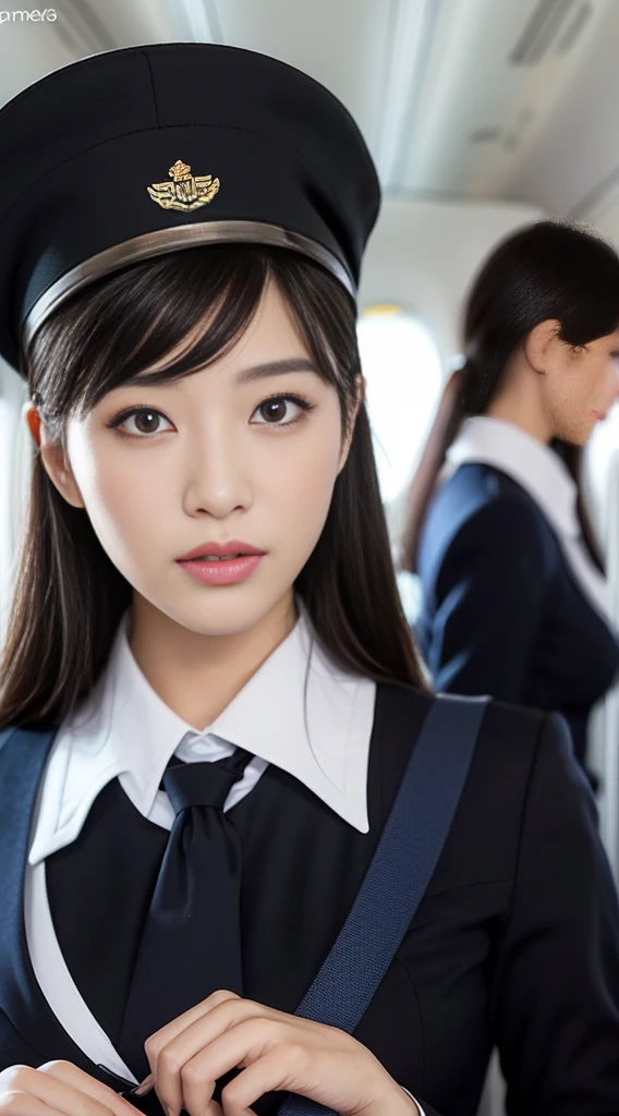 (Draw only one woman:1.3), 40 years, hyperdetailed face, Detailed lips, A detailed eye, 二重まぶた, (Black bob hair, Like an airplane stewardess, Do a good job), (Like an airplane stewardess:1.2), (Do a good job:1.2), (Stewardess uniform:1.2), (wear a stewardess hat:1.2), (Modest:1.3), (classy:1.2), Perfect image realism, Background with: (Business Class aisle on airplanes:1.2), 细致Background with, detailed costume, Perfect litthing, Hyper-Realism, (Photorealistic:1.4), 8K maximum resolution, (masterpiece), Highly detailed, Professional