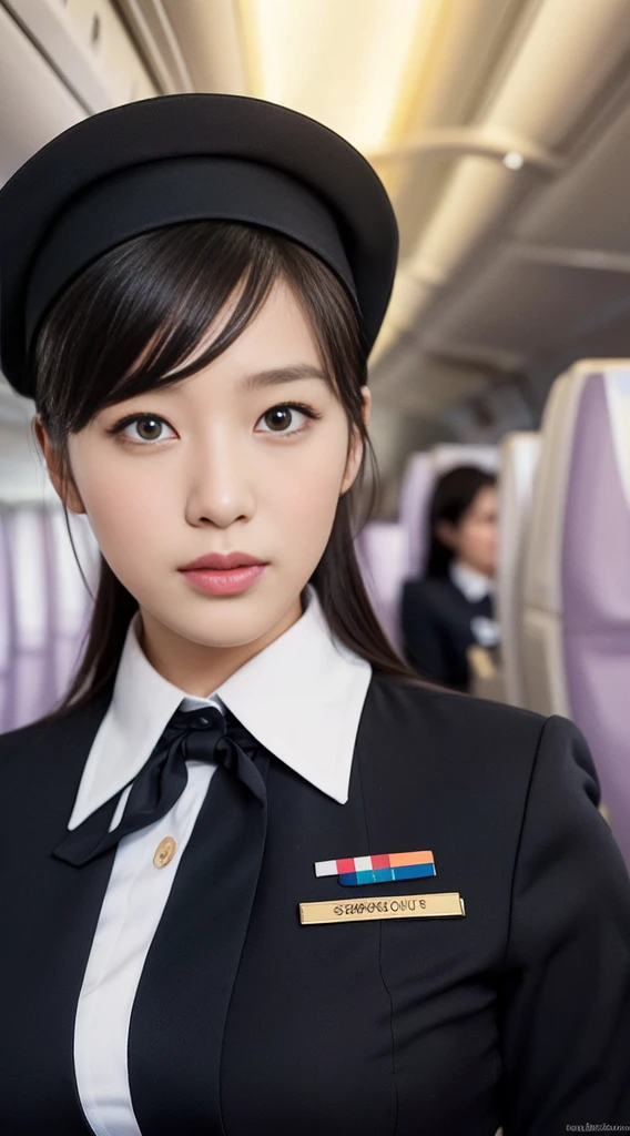 (Draw only one woman:1.3), 40 years, hyperdetailed face, Detailed lips, A detailed eye, 二重まぶた, (Black bob hair, Like an airplane stewardess, Do a good job), (Like an airplane stewardess:1.2), (Do a good job:1.2), (Stewardess uniform:1.2), (wear a stewardess hat:1.2), (Modest:1.3), (classy:1.2), Perfect image realism, Background with: (Business Class aisle on airplanes:1.2), 细致Background with, detailed costume, Perfect litthing, Hyper-Realism, (Photorealistic:1.4), 8K maximum resolution, (masterpiece), Highly detailed, Professional
