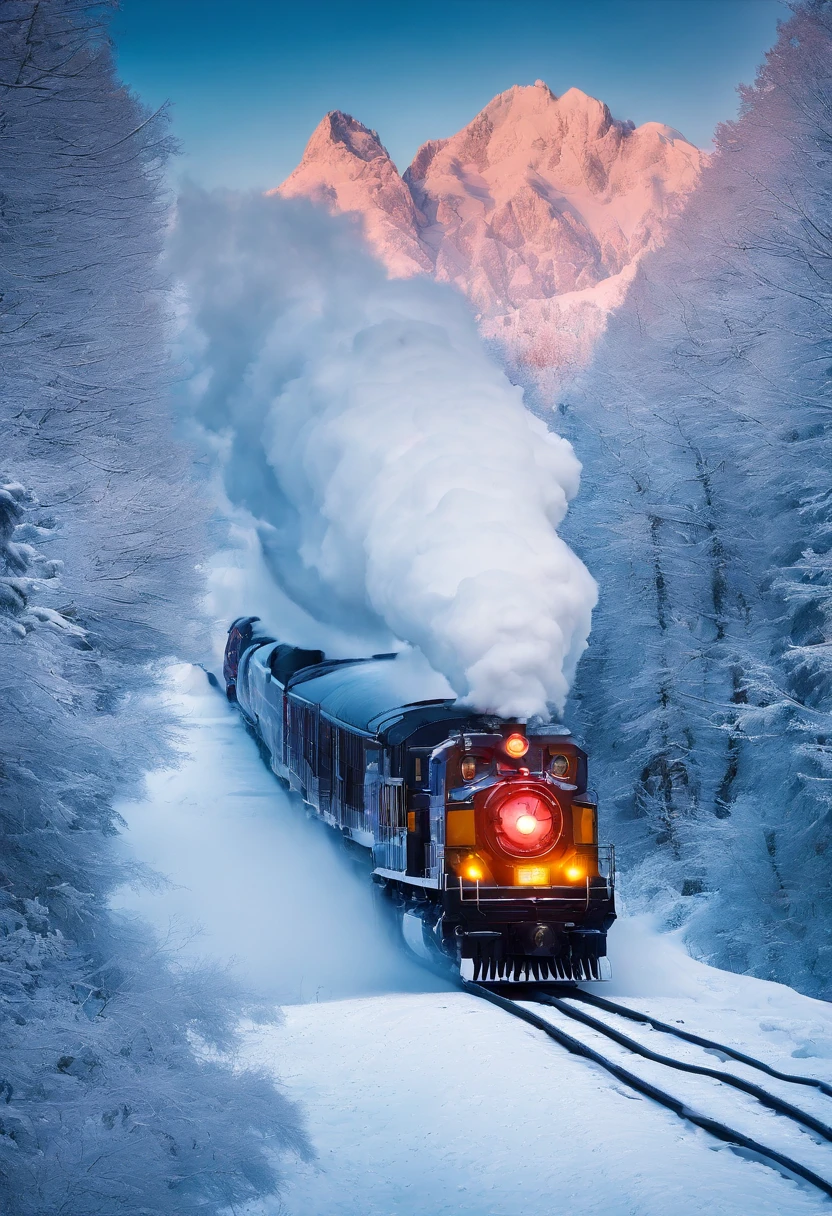 snow landscape, Winter wonderland, trains, steam locomotive, snow covered trees, snow mountains, Soft snowflakes, comfortable atmosphere, retro charm, nostalgic trip, Icy breathing, Cold, icy track, EtherealBeauty, snow covered mountain peaks, Majestic landscape, Snowflakes dance, Frozen landscape, magical winter, calm silence, Beautiful movements, A dream trip, White blanket, Icy mist, winter adventure, Train travel, Scenic route, cold adventure, Frozen Miracle, Scenic area, misty mountains, Picturesque, peaceful journey, snow run, snow adventure, icy wilderness, snow adventure, winter travel.