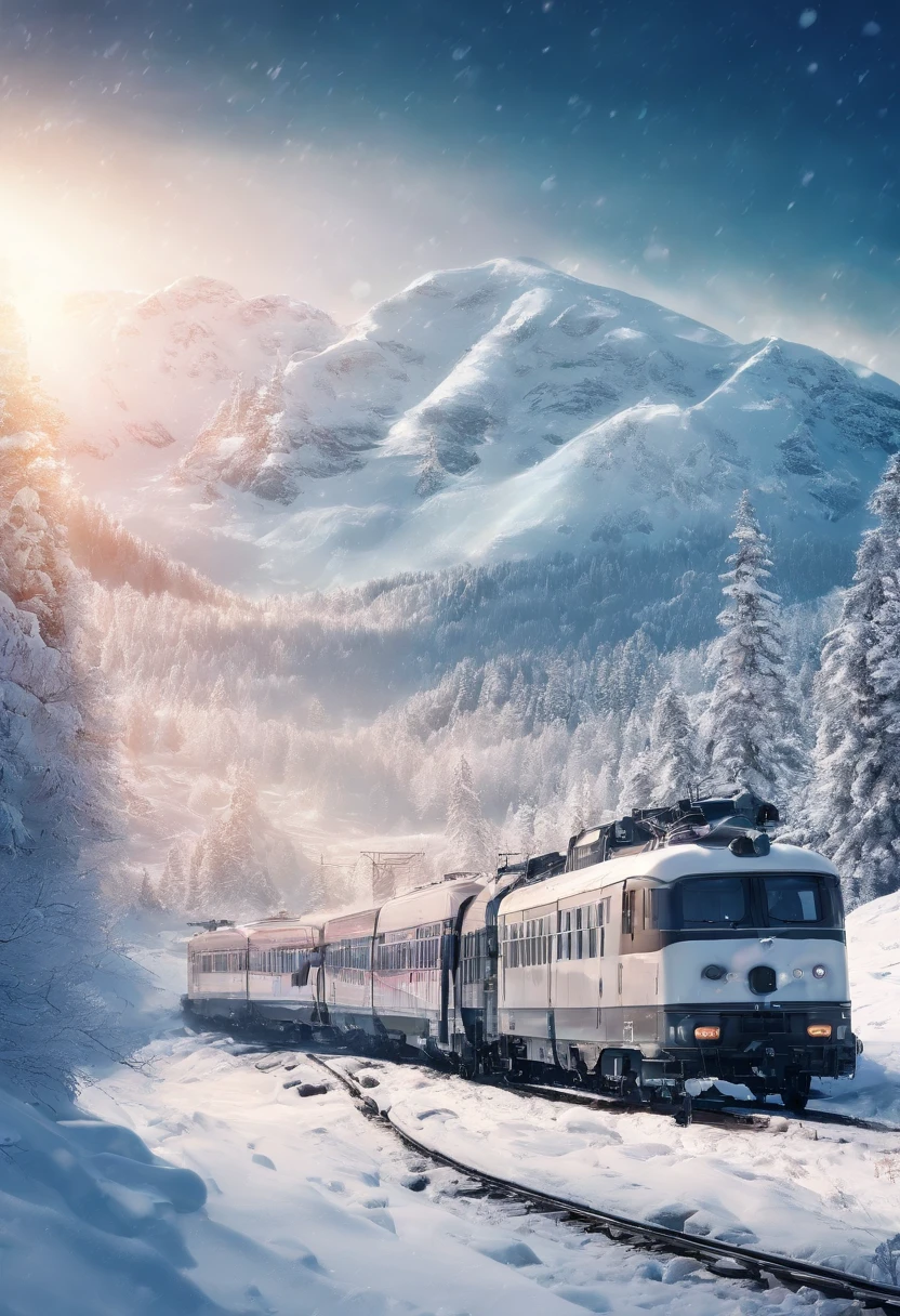 snow landscape, Winter wonderland, trains, steam locomotive, snow covered trees, snow mountains, Soft snowflakes, comfortable atmosphere, retro charm, nostalgic trip, Icy breathing, Cold, icy track, EtherealBeauty, snow covered mountain peaks, Majestic landscape, Snowflakes dance, Frozen landscape, magical winter, calm silence, Beautiful movements, A dream trip, White blanket, Icy mist, winter adventure, Train travel, Scenic route, cold adventure, Frozen Miracle, Scenic area, misty mountains, Picturesque, peaceful journey, snow run, snow adventure, icy wilderness, snow adventure, winter travel.