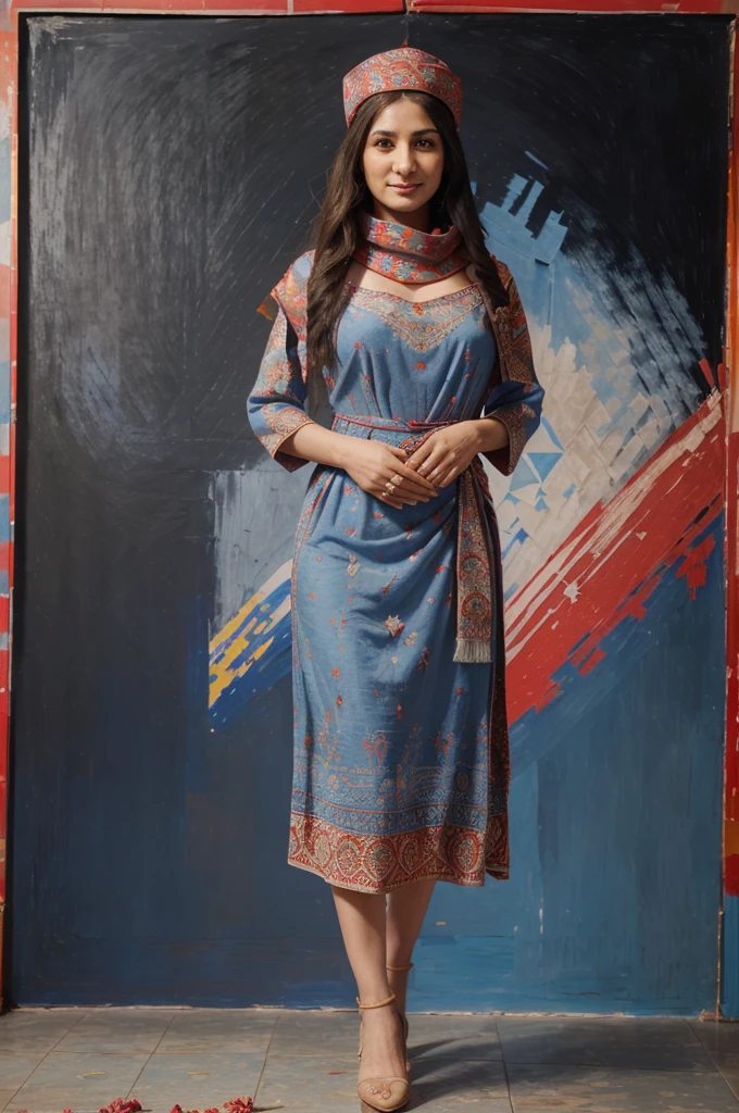 ((full body render)) , Persian Sassanid empire period woman , ((35 years old)) , casual face ,((Calm and proud face with a little smile)), Bright face , ((one-length haircuts))
, ((detailed face)) , Rembrandt light , (( in traditional red dress)) , (long blue scarf on head) , ((rose pattern on dress)) , ((background contains painting of abstract by Picasso )), ((perfect rectangular frame))