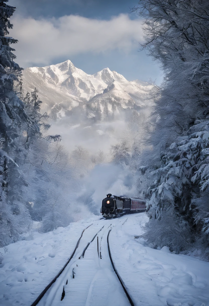snow landscape, Winter wonderland, trains, steam locomotive, snow covered trees, snow mountains, Soft snowflakes, comfortable atmosphere, retro charm, nostalgic trip, Icy breathing, Cold, icy track, EtherealBeauty, snow covered mountain peaks, Majestic landscape, Snowflakes dance, Frozen landscape, magical winter, calm silence, Beautiful movements, A dream trip, White blanket, Icy mist, winter adventure, Train travel, Scenic route, cold adventure, Frozen Miracle, Scenic area, misty mountains, Picturesque, peaceful journey, snow run, snow adventure, icy wilderness, snow adventure, winter travel.