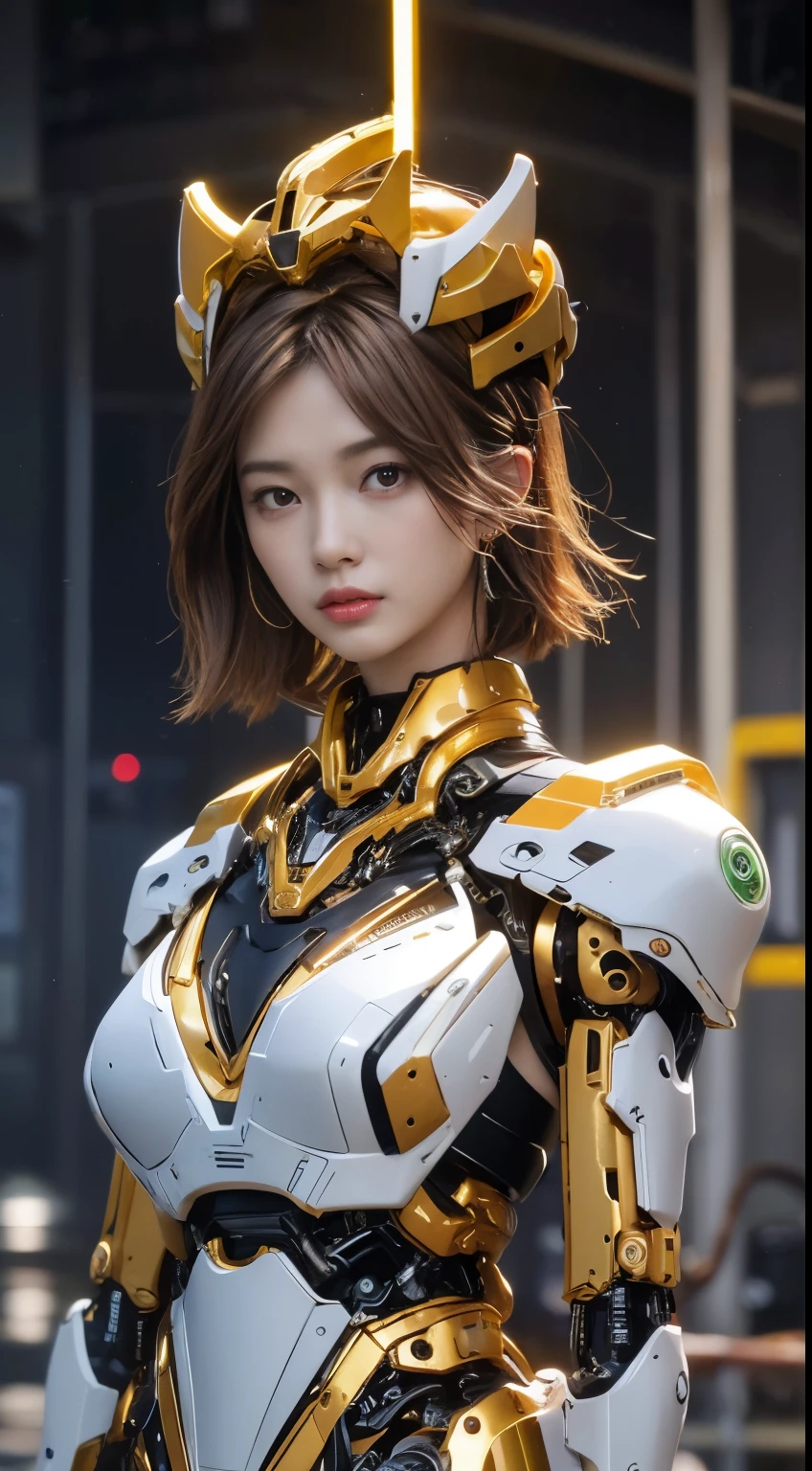 Masterpiece, highest quality, crazy details, exquisite facial portrayal, ((yellow mecha suit)), 8K resolution, delicate face, cute peerless beauty, delicate and translucent eyes, silver messy hair, ruins, bumblebee mecha behind it, (brilliant light and shadow), soft focus, real shadow, 8K HD, full body shot, depth of field, beautiful smooth collarbone, medium chest, super clear