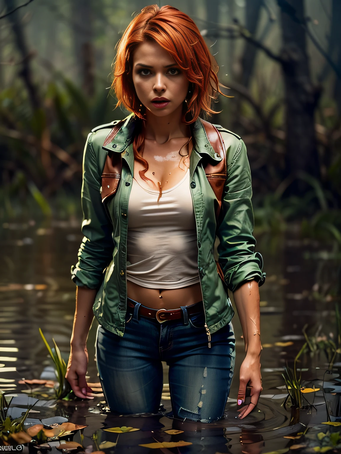 Tormented by lust, caught by surprise in the forest, Indulging your sexual fetish, drowned in a swamp, standingn. Her face is haggard and dehydrated. She is perplexed and looks around in fright.
TAGS: blurred background, (wearing jeans), leather jacket, in blouse wearing, standingn, (drowning in a swamp up to his thighs:1.3), (Short copper-red hair gathered in a ponytail),