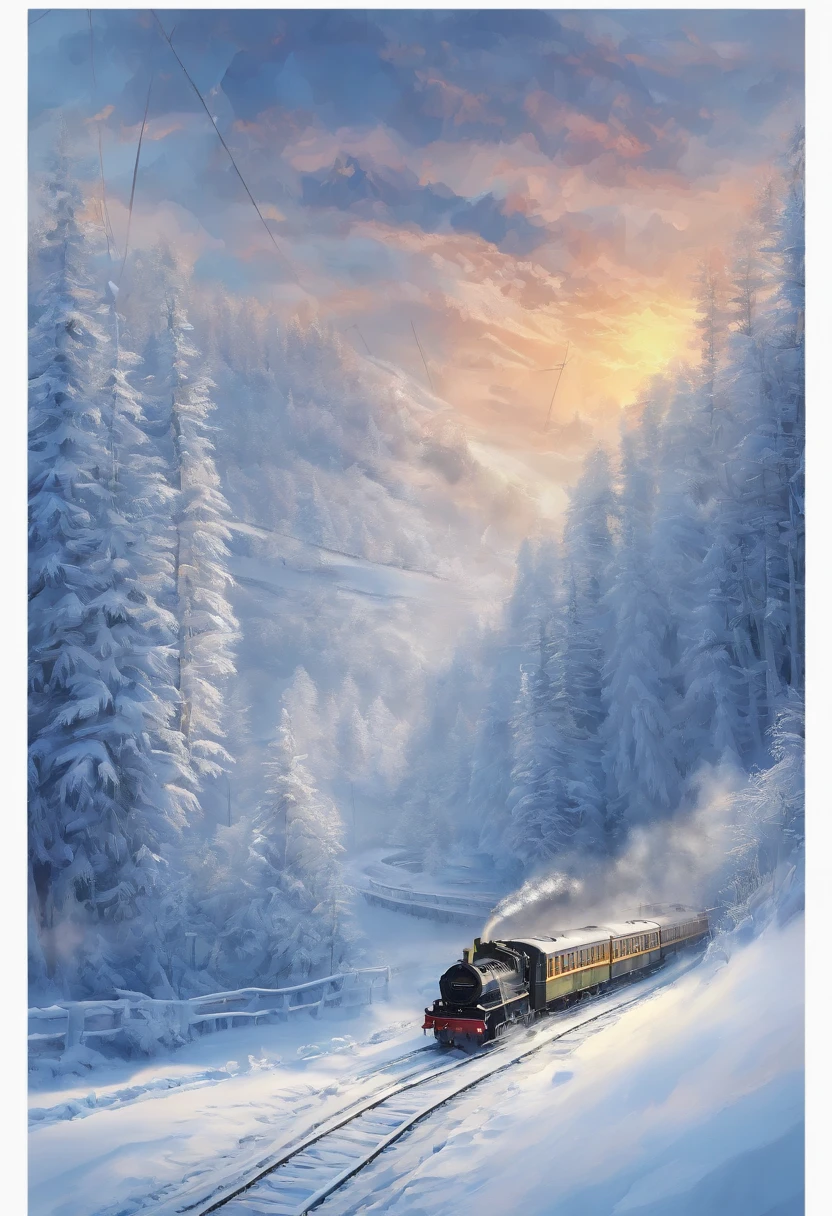 snow landscape, Winter wonderland, trains, steam locomotive, snow covered trees, snow mountains, Soft snowflakes, comfortable atmosphere, retro charm, nostalgic trip, Icy breathing, Cold, icy track, EtherealBeauty, snow covered mountain peaks, Majestic landscape, Snowflakes dance, Frozen landscape, magical winter, calm silence, Beautiful movements, A dream trip, White blanket, Icy mist, winter adventure, Train travel, Scenic route, cold adventure, Frozen Miracle, Scenic area, misty mountains, Picturesque, peaceful journey, snow run, snow adventure, icy wilderness, snow adventure, winter travel.