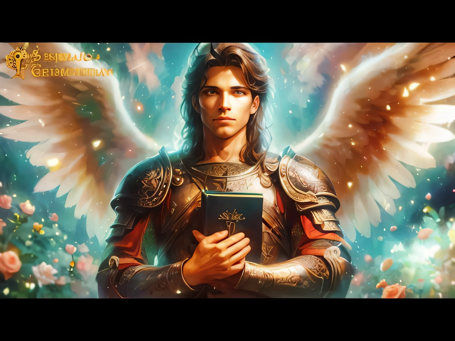 um homem de armadura segurando um livro com asas, Arcanjo Miguel, biblical accurate angel, saint michael the angel, para compreender o inferno ou ir angelical, angel spirit guide, gold gates of heaven!!!!!!!!, cheio de pinturas de anjos, anjo biblicamente acuado, arcanjo, para compreender o inferno ou voar angelical, totalitarian socialist angel, anjo do antigo testamento, Christian